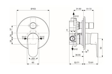 IDEAL STANDARD CERAFINE O vanová podomítková baterie, s přepínačem, s tělesem, rosé A7193RO Technický nákres