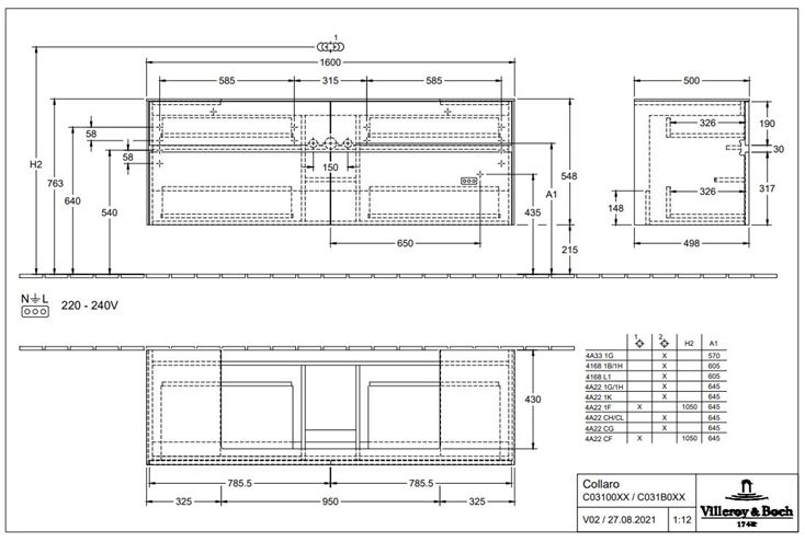 VILLEROY & BOCH COLLARO skříňka pod umyvadlo 160x54,8x50 cm, 4 zásuvky, s osvětlením, Oak Kansas C031B0RH Technický nákres