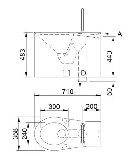 AZP BRNO bezbariérové stacionární WC, spodní odpad, nerez BSNZ 02 INV Technický nákres