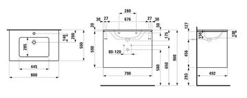 LAUFEN PRO S skříňka s umyvadlem 80x50x61 cm, 2 zásuvky, Push-open, s organizérem, matná bílá H8649612601041 Technický nákres