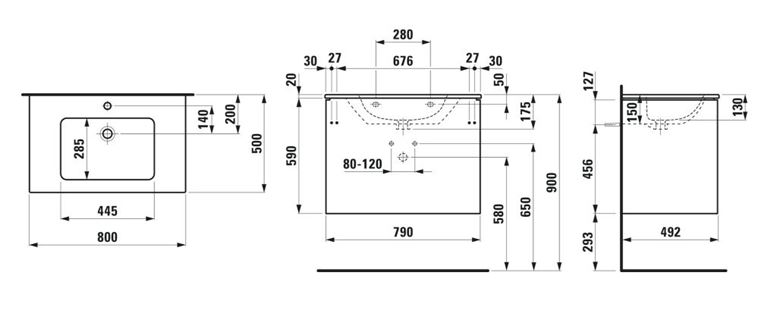 LAUFEN PRO S skříňka s umyvadlem 80x50x61 cm, 2 zásuvky, Push-open, s organizérem, matná bílá H8649612601041 Technický nákres