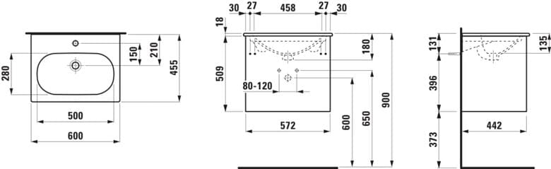 LAUFEN LUA skříňka s umyvadlem 60x45,5x52,5 cm, 2 zásuvky, dub H8600832671041 Technický nákres