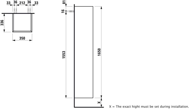 LAUFEN BASE vysoká skříňka 35x33,5x165 cm, 1 dvířka, panty vpravo, matná bílá H4026821102601 Technický nákres
