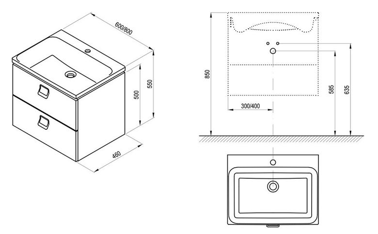 RAVAK SD COMFORT skříňka pod umyvadlo 60x46x50 cm, 2 zásuvky, lesklá bílá X000001377 Technický nákres