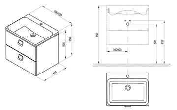 RAVAK SD COMFORT skříňka pod umyvadlo 60x46x50 cm, 2 zásuvky, lesklá bílá X000001377 Technický nákres