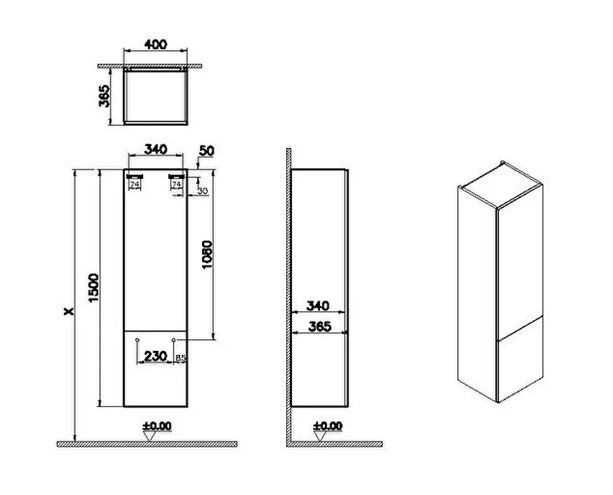 VITRA METROPOLE PURE vysoká skříňka 40x36,5x150 cm, 2 dvířka, panty vlevo, Push-open, matná světle šedá 67219 Technický nákres