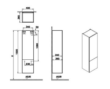 VITRA METROPOLE PURE vysoká skříňka 40x36,5x150 cm, 2 dvířka, panty vlevo, Push-open, matná světle šedá 67219 Technický nákres