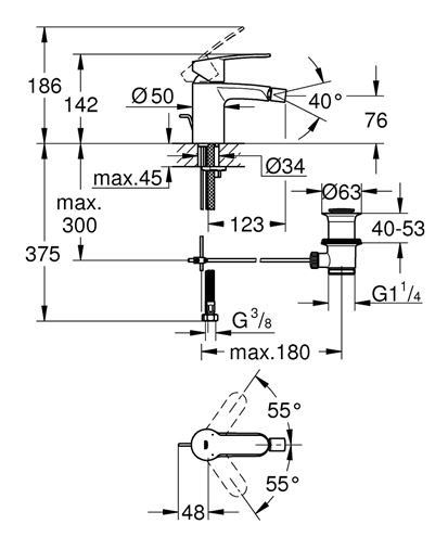 GROHE EUROSTYLE COSMOPOLITAN bidetová stojánková baterie, s odtokovou soupravou, Water Saving, chrom 33565002 Technický nákres