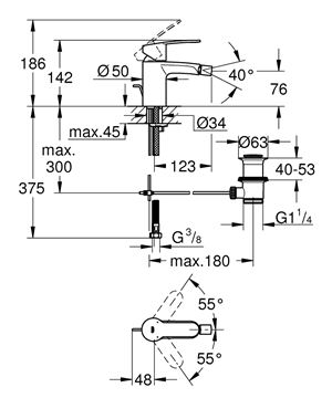 GROHE EUROSTYLE COSMOPOLITAN bidetová stojánková baterie, s odtokovou soupravou, Water Saving, chrom 33565002 Technický nákres