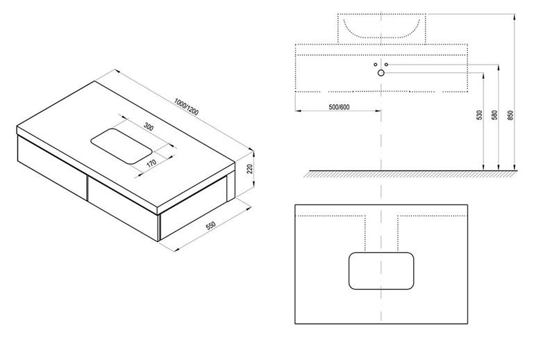 RAVAK FORMY skříňka pod umyvadlo 100x55x22 cm, 2 zásuvky, Push-open, ořech X000001036 Technický nákres