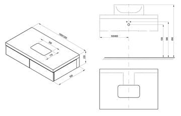 RAVAK FORMY skříňka pod umyvadlo 100x55x22 cm, 2 zásuvky, Push-open, ořech X000001036 Technický nákres