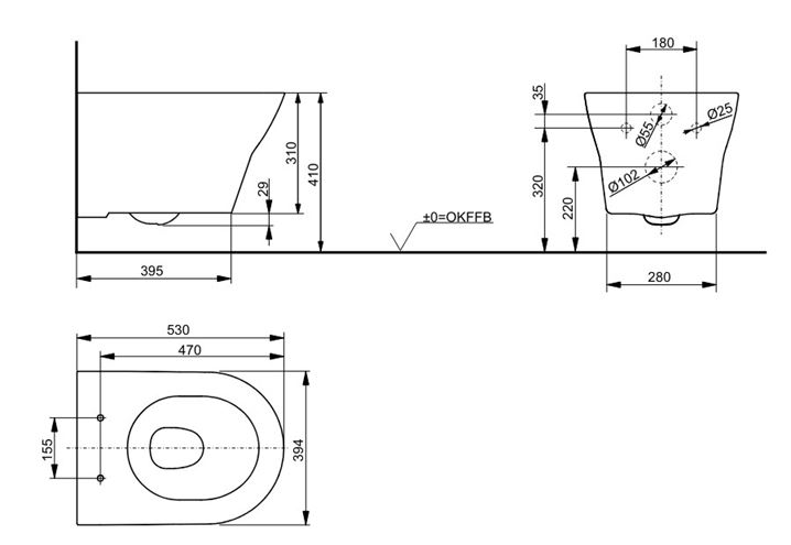 TOTO MH závěsné WC, Rimless splachování CW162Y Technický nákres