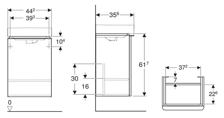 GEBERIT SMYLE SQUARE skříňka pod umývátko 44,2x35,6x61,7 cm, 1 dvířka, panty vpravo, lesklá pískově šedá 500.350.JL.1 Technický nákres