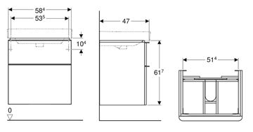 GEBERIT SMYLE SQUARE skříňka pod umyvadlo 58,4x47x61,7 cm, 2 zásuvky, lesklá bílá 500.352.00.1 Technický nákres