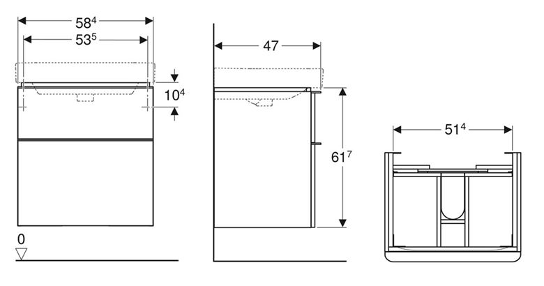 GEBERIT SMYLE SQUARE skříňka pod umyvadlo 58,4x47x61,7 cm, 2 zásuvky, lesklá pískově šedá 500.352.JL.1 Technický nákres