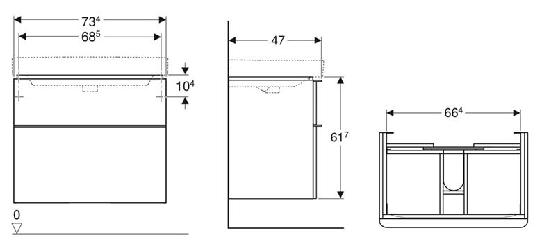 GEBERIT SMYLE SQUARE skříňka pod umyvadlo 73,4x47x61,7 cm, 2 zásuvky, ořech hickory 500.353.JR.1 Technický nákres