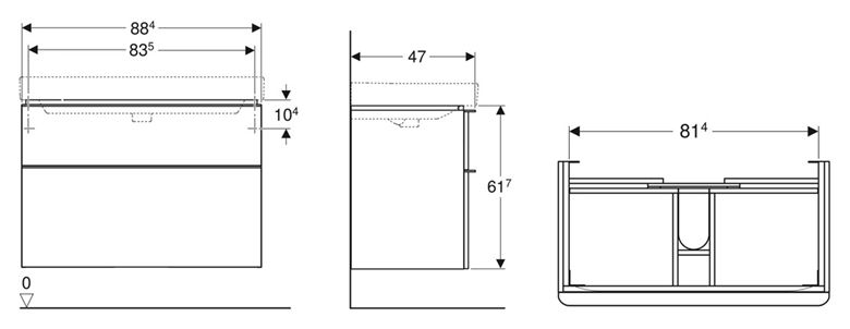 GEBERIT SMYLE SQUARE skříňka pod umyvadlo 88,4x47x61,7 cm, 2 zásuvky, lesklá bílá 500.354.00.1 Technický nákres