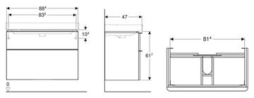 GEBERIT SMYLE SQUARE skříňka pod umyvadlo 88,4x47x61,7 cm, 2 zásuvky, lesklá bílá 500.354.00.1 Technický nákres