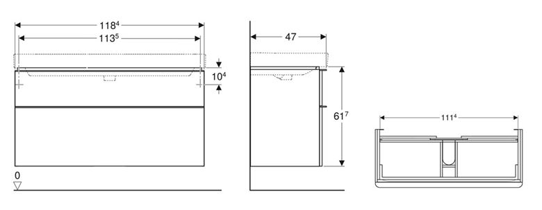 GEBERIT SMYLE SQUARE skříňka pod umyvadlo 118,4x47x61,7 cm, 2 zásuvky, lesklá bílá 500.355.00.1 Technický nákres