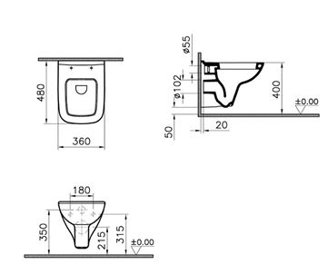 VITRA S20 závěsné WC, VitrAhygiene 5505L003-0101 Technický nákres