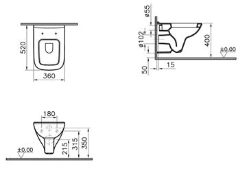 VITRA S20 závěsné WC, VitrAhygiene 5507L003-0101 Technický nákres