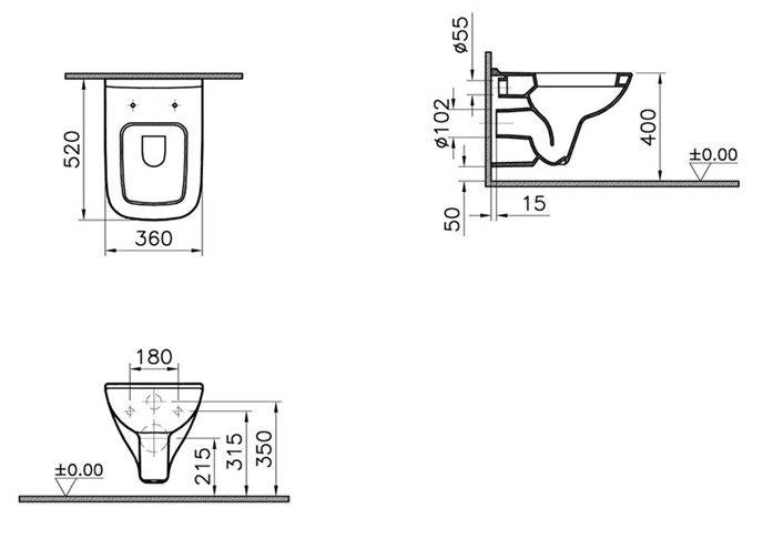 VITRA S20 závěsné WC, VitrAhygiene 5507L003-0101 Technický nákres