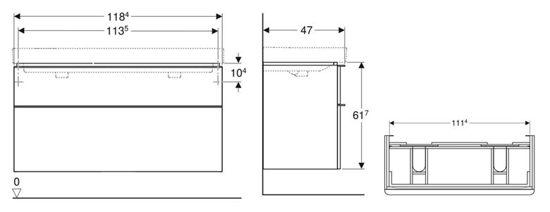 GEBERIT SMYLE SQUARE skříňka pod dvojumyvadlo 118,4x47x61,7 cm, 2 zásuvky, ořech hickory 500.356.JR.1 Technický nákres