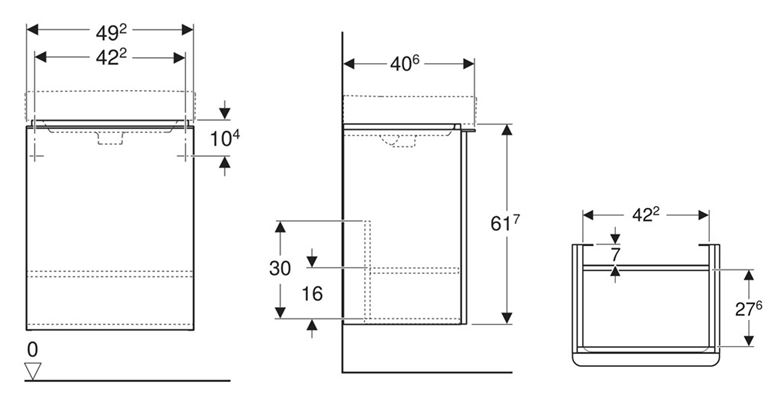 GEBERIT SMYLE SQUARE skříňka pod umývátko 49,2x40,6x61,7 cm, 1 dvířka, panty vpravo, lesklá bílá 500.363.00.1 Technický nákres