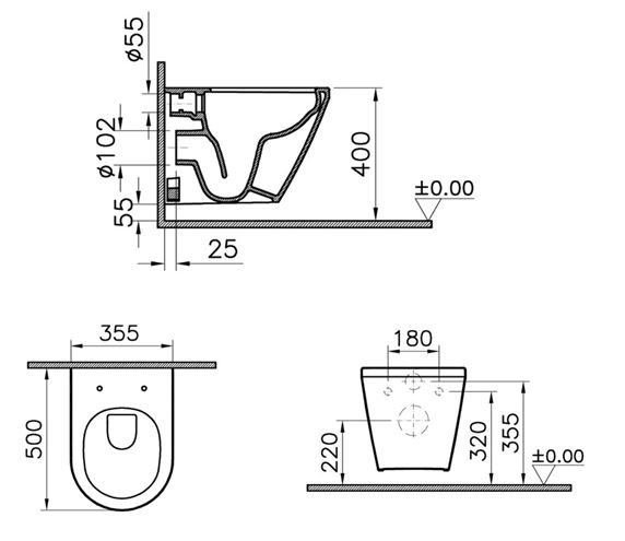 VITRA INTEGRA závěsné WC, Rim-ex splachování, VitrAhygiene 7040B003-0075 Technický nákres