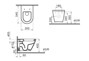 VITRA INTEGRA závěsné WC, VitrAhygiene 7060B003-0075 Technický nákres