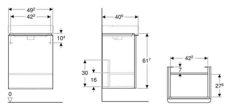 GEBERIT SMYLE SQUARE skříňka pod umývátko 49,2x40,6x61,7 cm, 1 dvířka, panty vlevo, matná lávová 500.364.JK.1 Technický nákres
