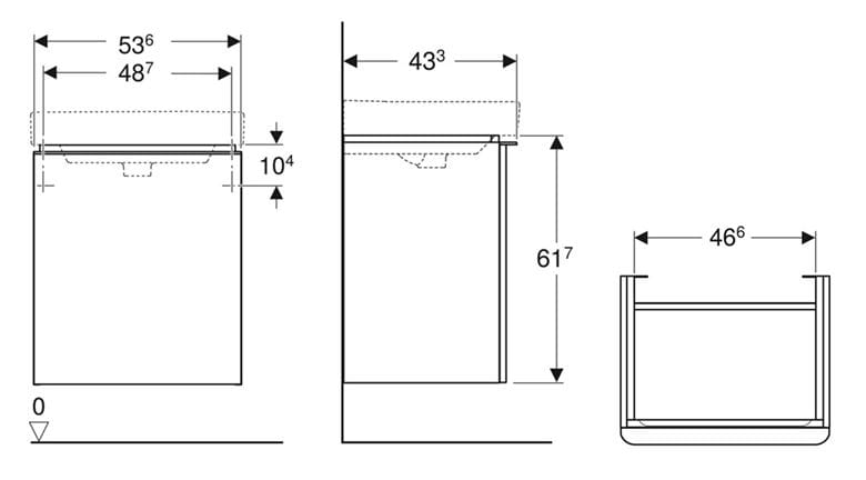 GEBERIT SMYLE SQUARE skříňka pod umyvadlo 53,6x43,3x61,7 cm, 1 dvířka, panty vpravo, matná lávová 500.365.JK.1 Technický nákres