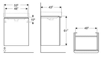 GEBERIT SMYLE SQUARE skříňka pod umyvadlo 53,6x43,3x61,7 cm, 1 dvířka, panty vpravo, lesklá pískově šedá 500.365.JL.1 Technický nákres
