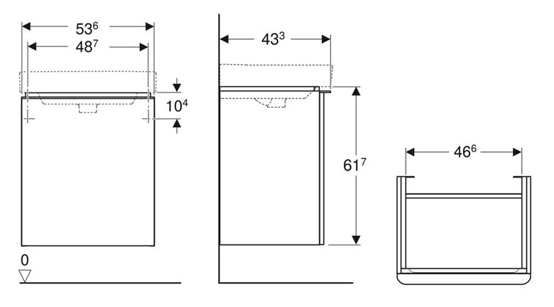 GEBERIT SMYLE SQUARE skříňka pod umyvadlo 53,6x43,3x61,7 cm, 1 dvířka, panty vpravo, ořech hickory 500.365.JR.1 Technický nákres