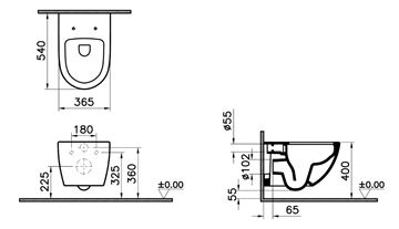 VITRA SENTO závěsné WC, Rim-ex splachování, VitrAhygiene 7748B003-0075 Technický nákres
