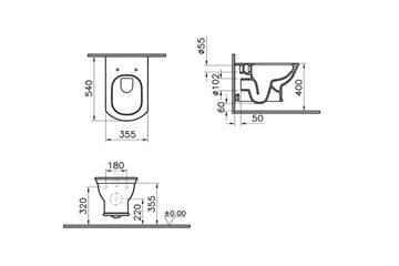 VITRA VALARTE závěsné WC, Rim-ex splachování 7805B003-0075 Technický nákres