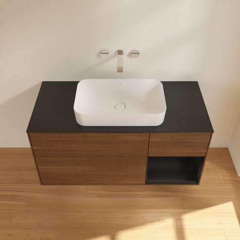 VILLEROY & BOCH FINION skříňka pod umyvadlo 120x50,1x60,3 cm, 3 zásuvky, 1 police, Push-open, s osvětlením, Walnut Veneer/Black Matt Lacquer G712PDGN Obrázek - fotka