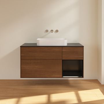 VILLEROY & BOCH FINION skříňka pod umyvadlo 120x50,1x60,3 cm, 3 zásuvky, 1 police, Push-open, s osvětlením, Walnut Veneer/Black Matt Lacquer G712PDGN Obrázek - fotka
