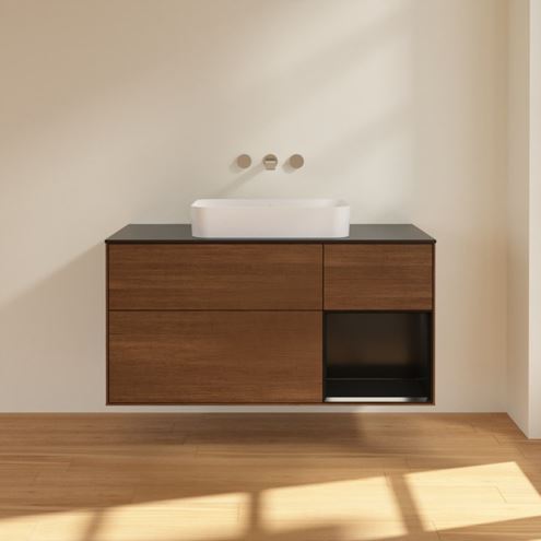 VILLEROY & BOCH FINION skříňka pod umyvadlo 120x50,1x60,3 cm, 3 zásuvky, 1 police, Push-open, s osvětlením, Walnut Veneer/Black Matt Lacquer G712PDGN Obrázek - fotka