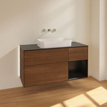 VILLEROY & BOCH FINION skříňka pod umyvadlo 120x50,1x60,3 cm, 3 zásuvky, 1 police, Push-open, s osvětlením, Walnut Veneer/Black Matt Lacquer G712PDGN Obrázek - fotka