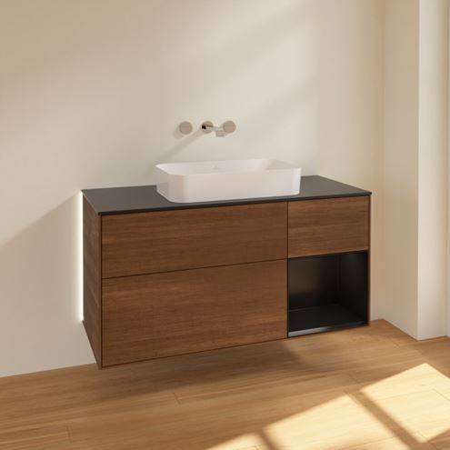 VILLEROY & BOCH FINION skříňka pod umyvadlo 120x50,1x60,3 cm, 3 zásuvky, 1 police, Push-open, s osvětlením, Walnut Veneer/Black Matt Lacquer G712PDGN Obrázek - fotka