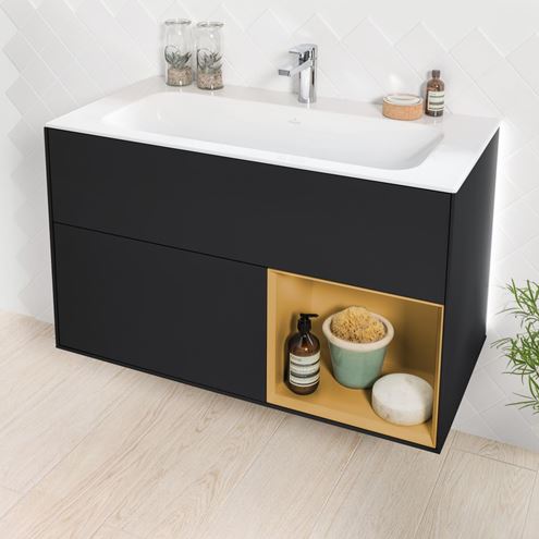 VILLEROY & BOCH FINION skříňka pod umyvadlo 99,6x49,8x59,1 cm, 3 zásuvky, 1 police, Push-open, s osvětlením, Black Matt Lacquer/Gold Matt G030HFPD Obrázek - fotka