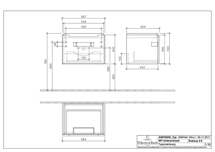 VILLEROY & BOCH SUBWAY 2.0 skříňka pod umyvadlo 58,7x45,4x42 cm, 1 zásuvka, Glossy White A68710DH Technický nákres