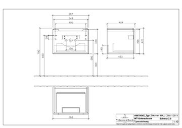 VILLEROY & BOCH SUBWAY 2.0 skříňka pod umyvadlo 58,7x45,4x42 cm, 1 zásuvka, Glossy White A68710DH Technický nákres
