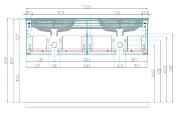 CONCEPT MODULAR skříňka pod dvojumyvadlo 122,5x49,5x33,2 cm, 2 zásuvky, Push-open, herkules 807955 Technický nákres