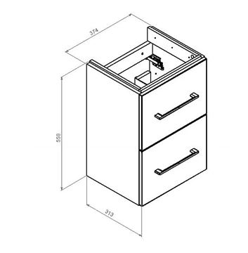 CONCEPT 100 skříňka pod umývátko 37,4x31,3x55,8 cm, 2 zásuvky, bílá PTA-057 Technický nákres