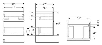 GEBERIT ICON skříňka pod umyvadlo 59,2x47,6x61,5 cm, 2 zásuvky, lesklá bílá 502.303.01.1 Technický nákres