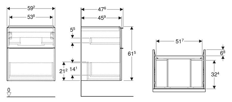 GEBERIT ICON skříňka pod umyvadlo 59,2x47,6x61,5 cm, 2 zásuvky, matná bílá 502.303.01.3 Technický nákres