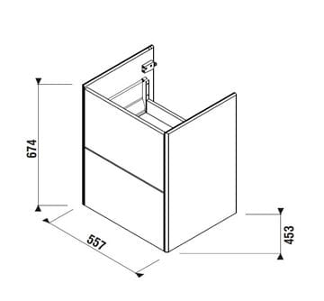 LAUFEN FIORA skříňka pod umyvadlo 55,7x45,3x67,4 cm, 2 zásuvky, Push-open, lesklá bílá H40F9924015001 Technický nákres