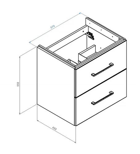 CONCEPT 100 skříňka pod umyvadlo 57,4x43,3x55,8 cm, 2 zásuvky, bílá PTA-063 Technický nákres